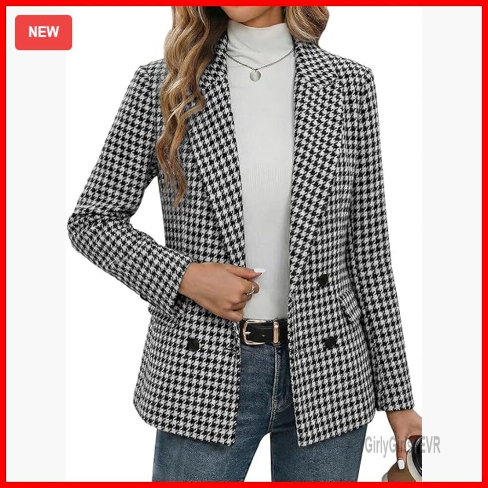 Tweed Houndstooth Blazer Jacket, Plaid Fully-Lined Double-Breasted Work Casual